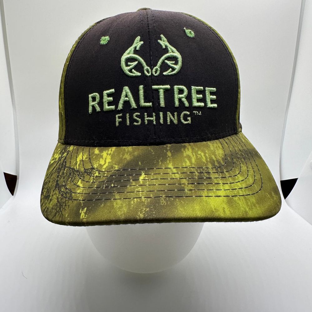 REALTREE FISHING EMBROIDERED BLACK YELLOW CAMO ADJUSTABLE CURVED BILL HAT CAP
